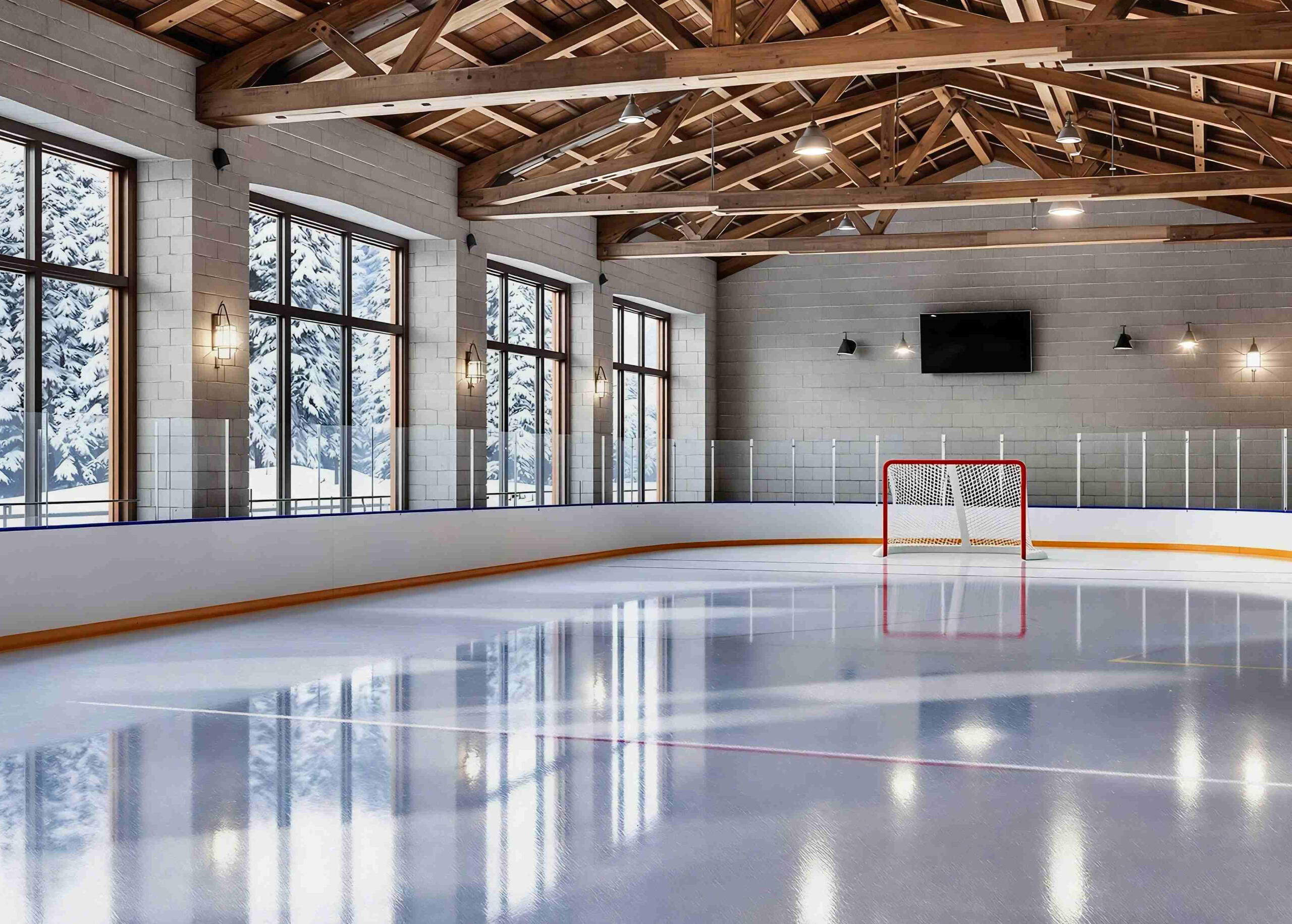 Luxury Custom Hockey Rink Designed for Homeowners in Ontario Custom-built indoor hockey rink with premium viewing lounge and professional finishes at Erb Rose Recreational, Ontario.