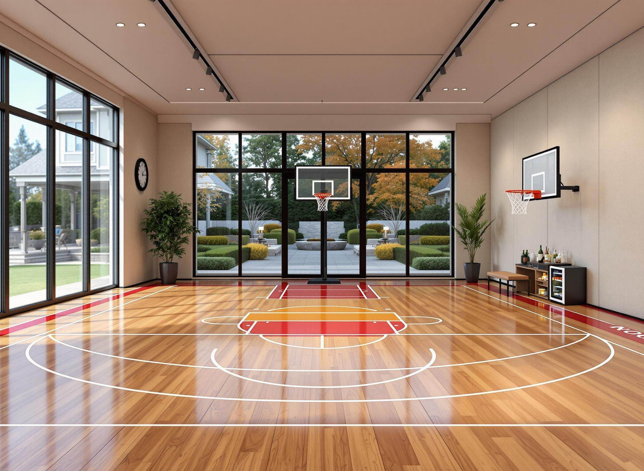 Versatile Basketball Court for All Levels of Play in Ontario Indoor basketball court with high-quality wood surface and custom windows at Erb Rose Recreational, Ontario.