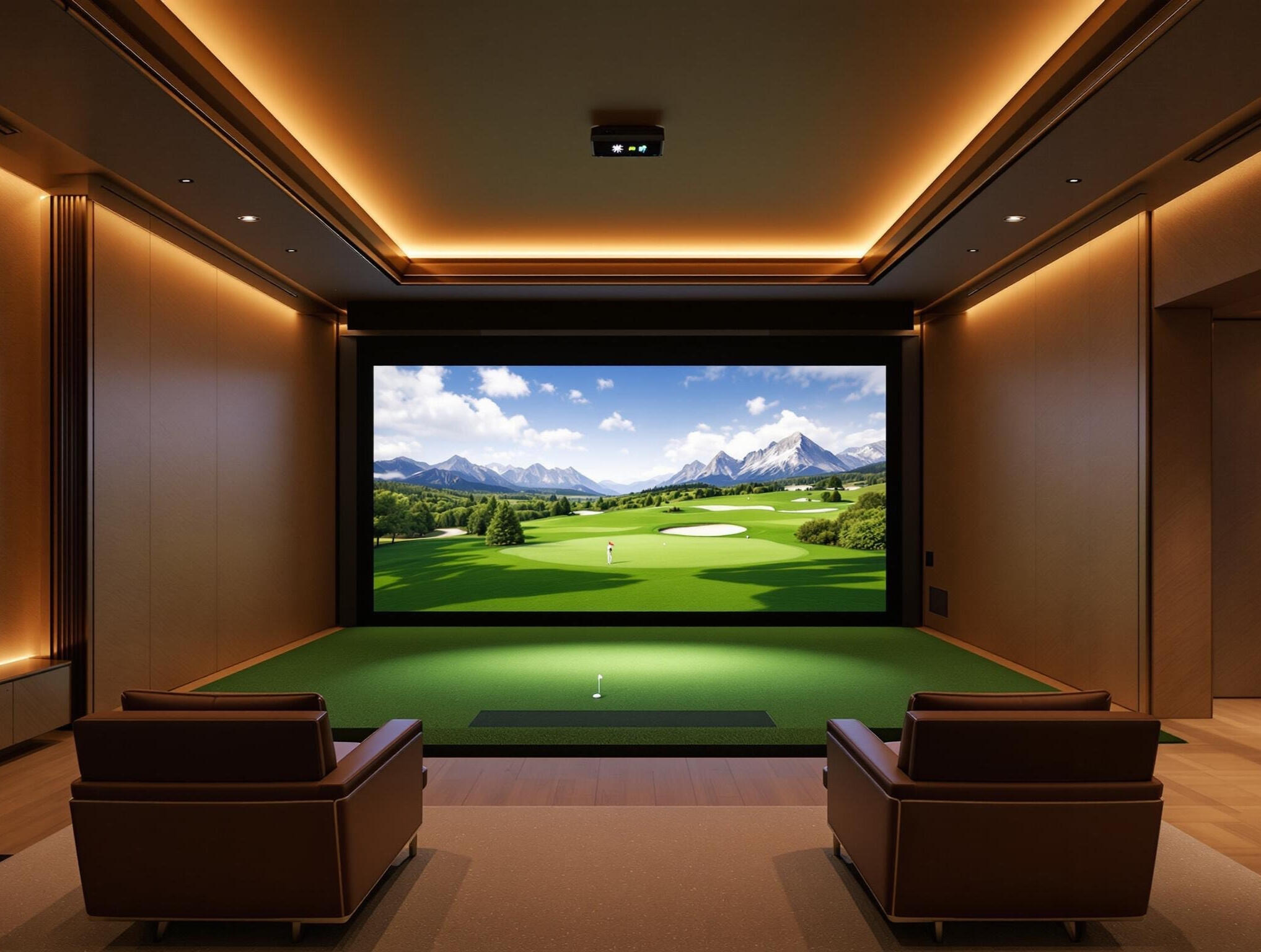 State-of-the-Art Golf Simulator for Home Golf Enthusiasts in Ontario Luxury golf simulator with swing tracking technology and custom seating at Erb Rose Recreational, Ontario.
